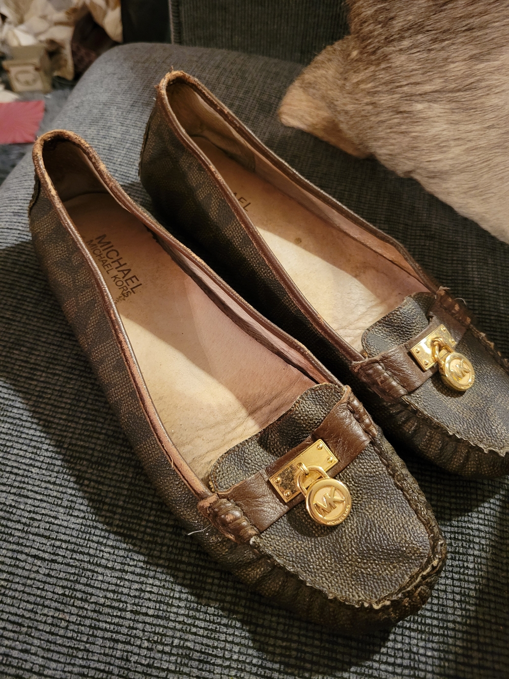 Michael Kors Brown Logo Moccasin Flats with Gold MK Charm
